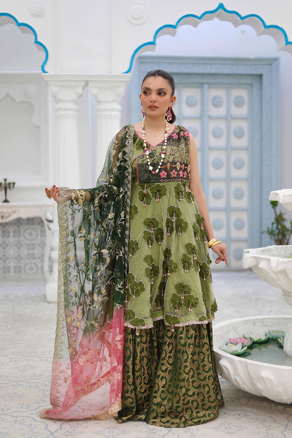 Angrakha Jamawar & Organza Dress by Kuntaar